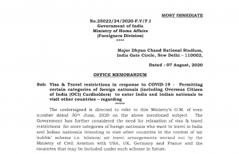 Visa & Travel restrictions in response to COVID-19 - Permitting certain categories of foreign nationals (including Overseas Citizen of India (OCI) Cardholders) to enter India and Indian nationals to visit other countries